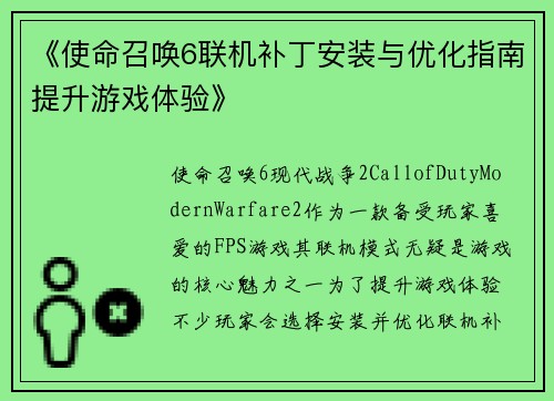 《使命召唤6联机补丁安装与优化指南提升游戏体验》