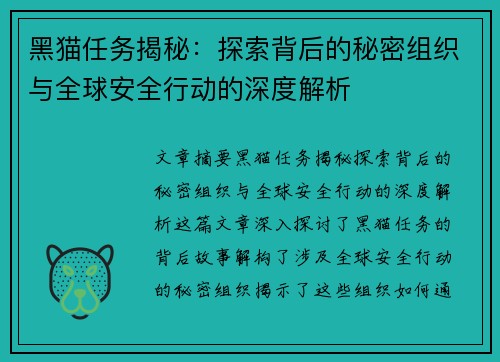 黑猫任务揭秘：探索背后的秘密组织与全球安全行动的深度解析