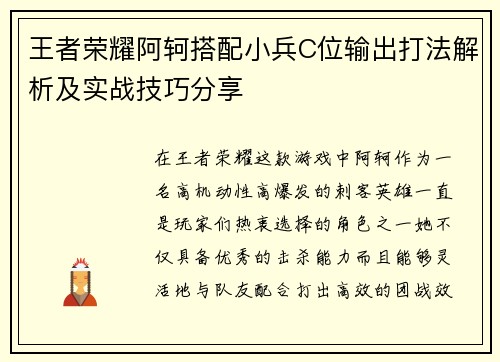 王者荣耀阿轲搭配小兵C位输出打法解析及实战技巧分享